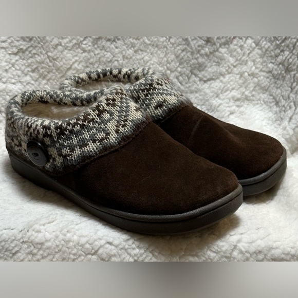 Clarks Shoes - Clarks Womens Size 8M Black Leather Faux Fur Slip On Clog Slippers Knit Trim